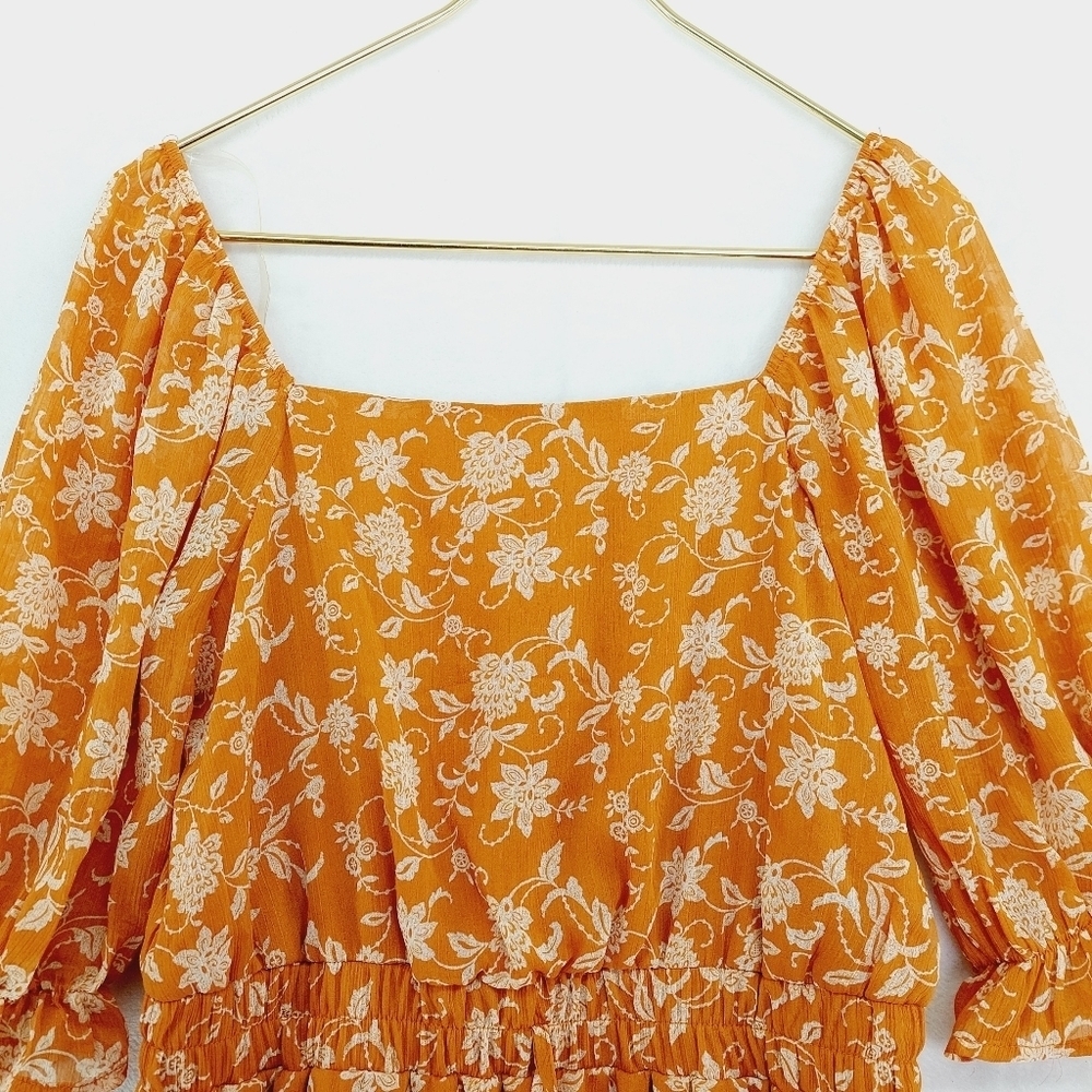 Trixxi Floral Orange Ruched Flowy Mini Square Neck Off Shoulder Dress P4576 - Picture 2 of 7